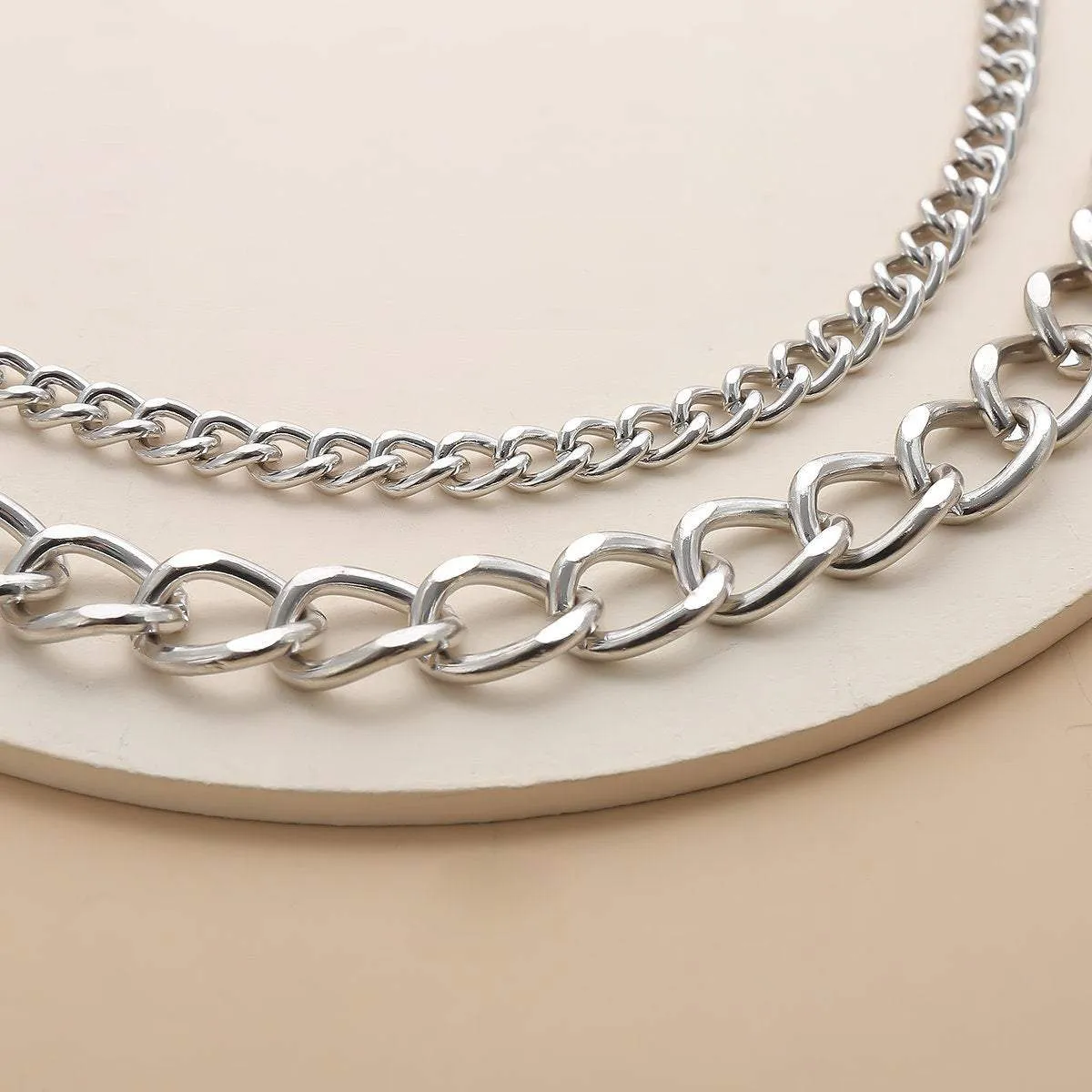 Minimalist Layered Silver Tone Metal Curb Link Trouser Chain