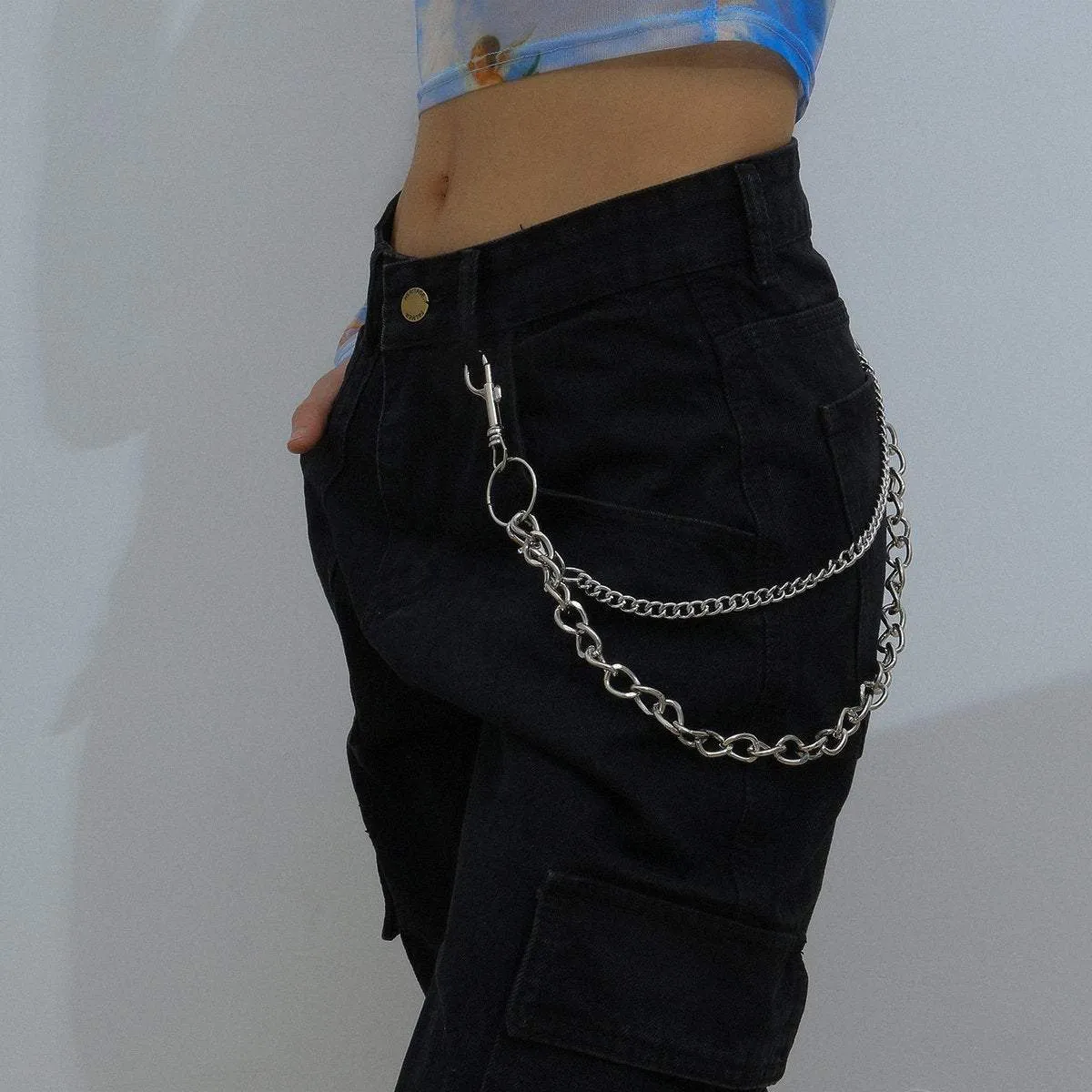 Minimalist Layered Silver Tone Metal Curb Link Trouser Chain