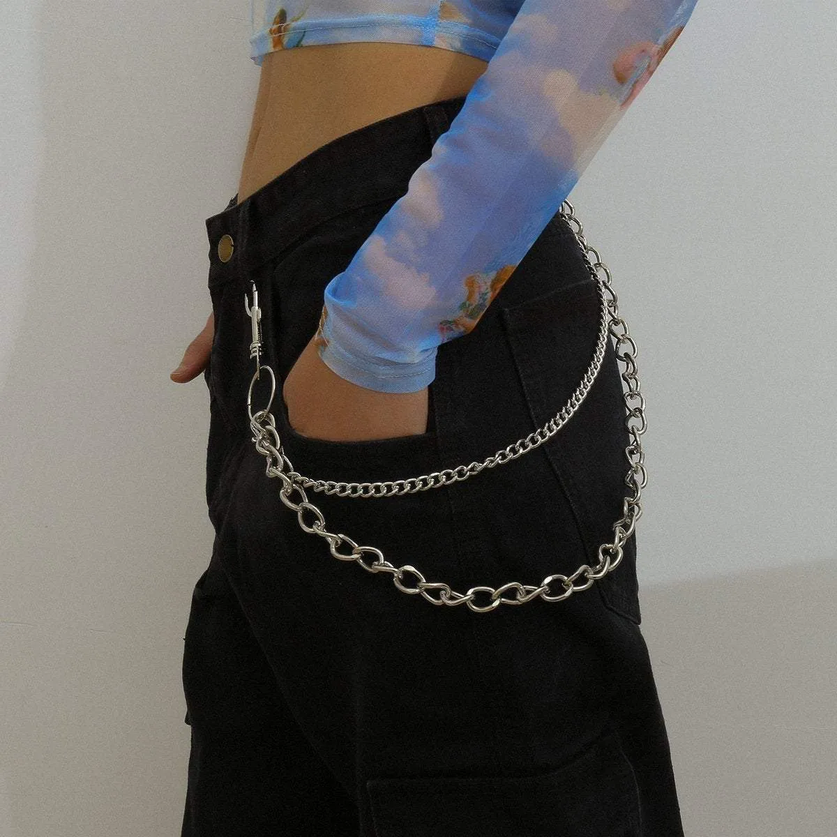 Minimalist Layered Silver Tone Metal Curb Link Trouser Chain