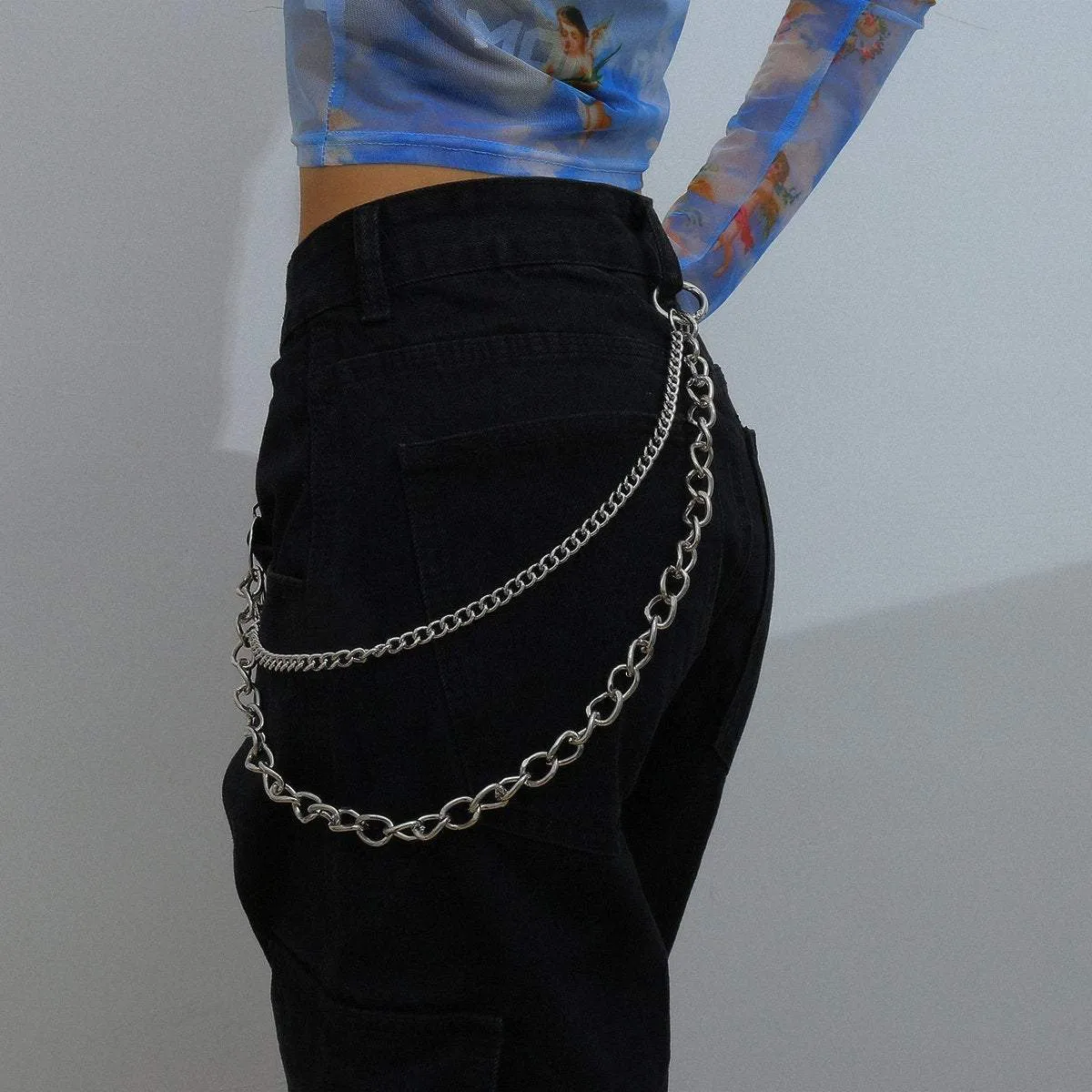 Minimalist Layered Silver Tone Metal Curb Link Trouser Chain