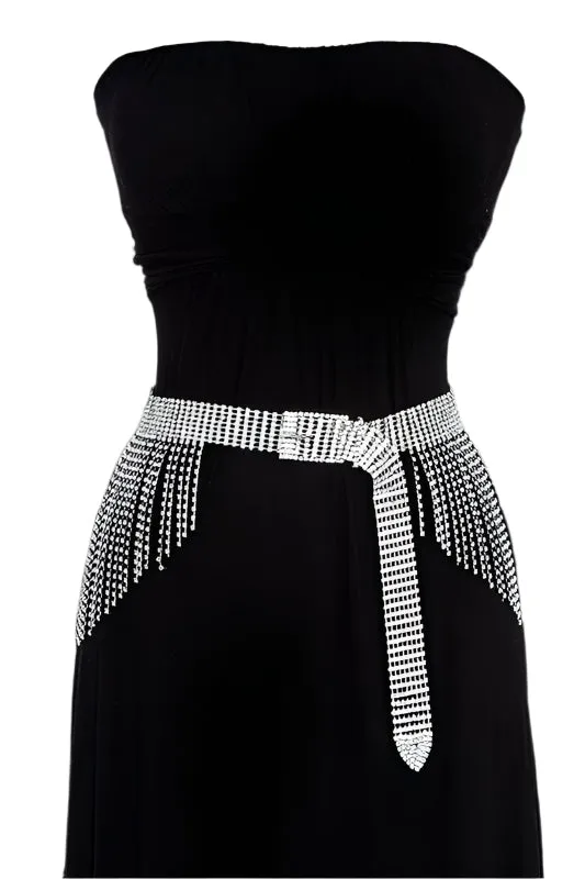 Misty Blue Royal - Rhinestone Dangling Fringe Belt