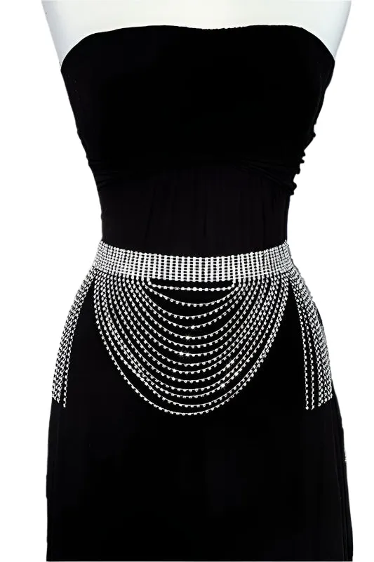 Misty Blue Royal - Rhinestone Dangling Fringe Belt
