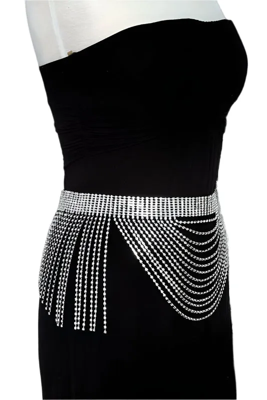 Misty Blue Royal - Rhinestone Dangling Fringe Belt