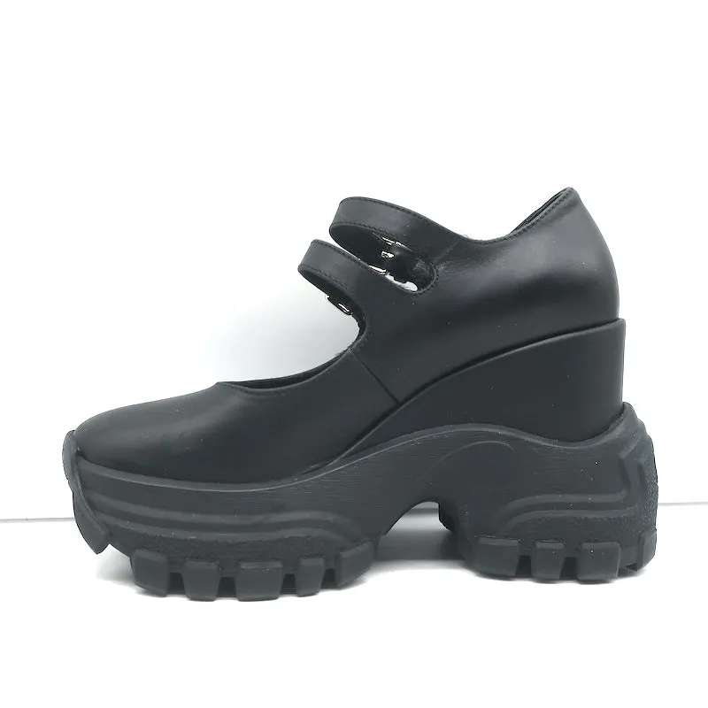 Miu Miu Platform Mary Jane Wedge Sneakers Black Leather Size 35