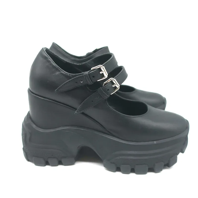 Miu Miu Platform Mary Jane Wedge Sneakers Black Leather Size 35