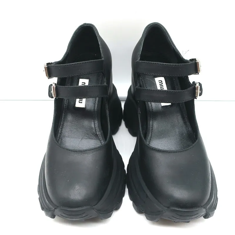 Miu Miu Platform Mary Jane Wedge Sneakers Black Leather Size 35