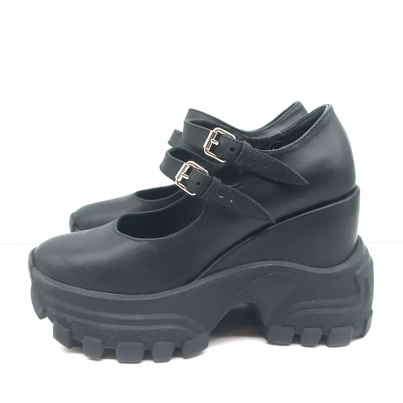 Miu Miu Platform Mary Jane Wedge Sneakers Black Leather Size 35