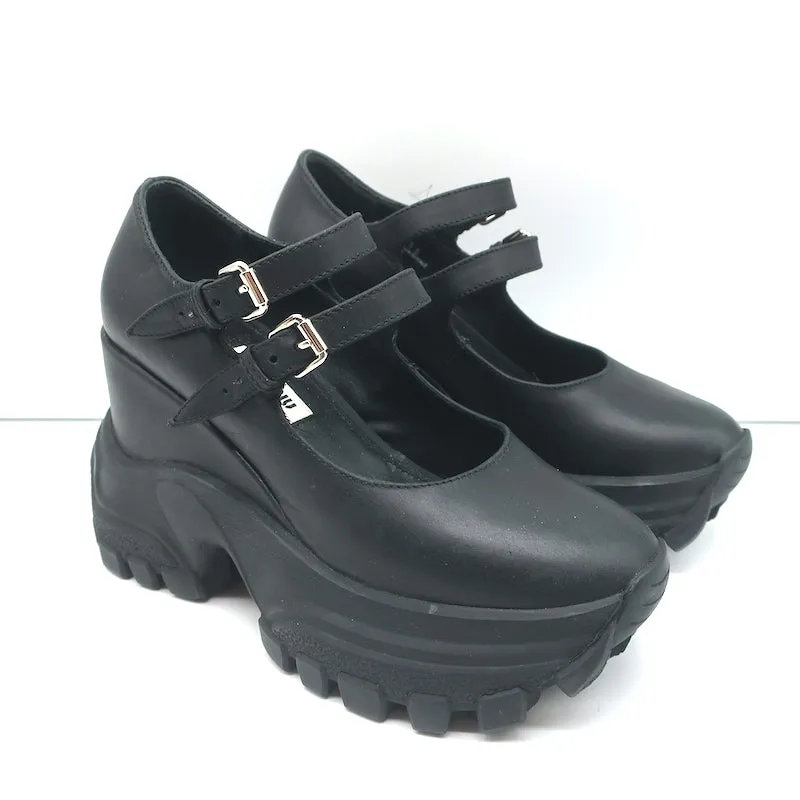 Miu Miu Platform Mary Jane Wedge Sneakers Black Leather Size 35