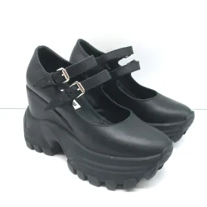 Miu Miu Platform Mary Jane Wedge Sneakers Black Leather Size 35