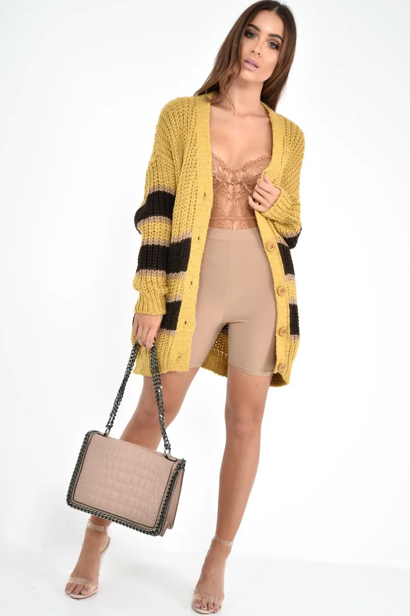Mustard Brown Colour Block Chunky Knit Cardigan - Brionna
