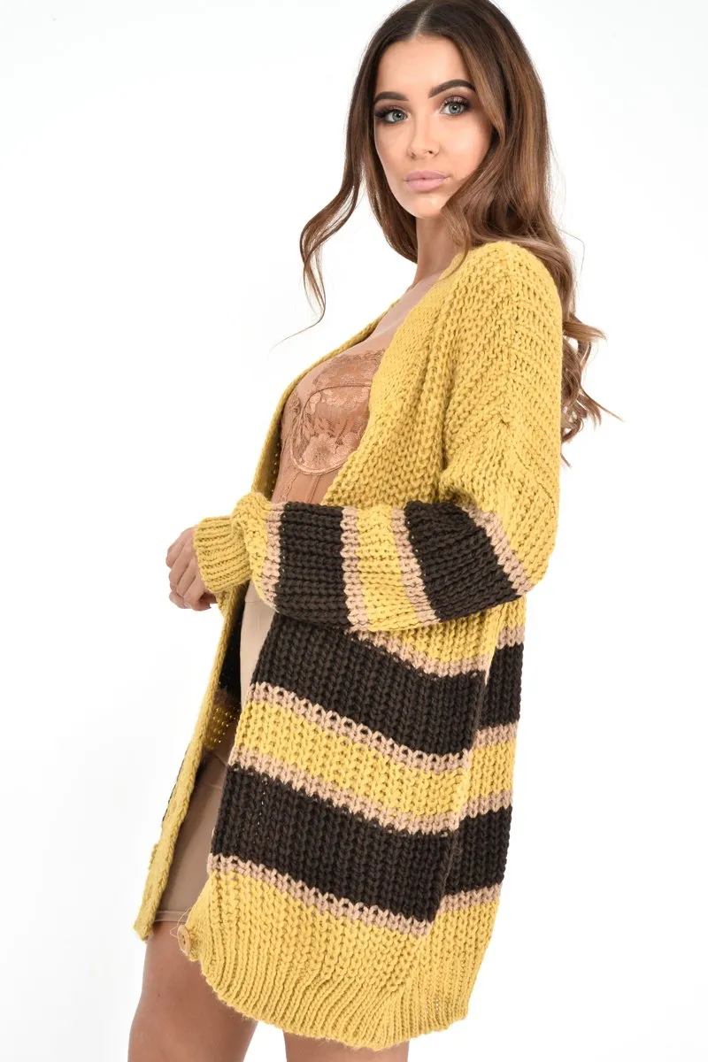 Mustard Brown Colour Block Chunky Knit Cardigan - Brionna