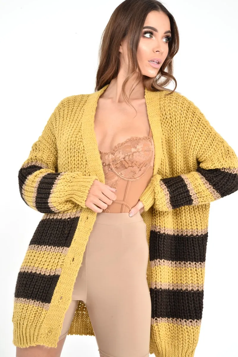 Mustard Brown Colour Block Chunky Knit Cardigan - Brionna