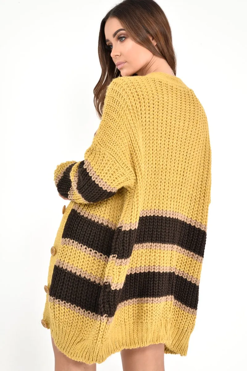 Mustard Brown Colour Block Chunky Knit Cardigan - Brionna