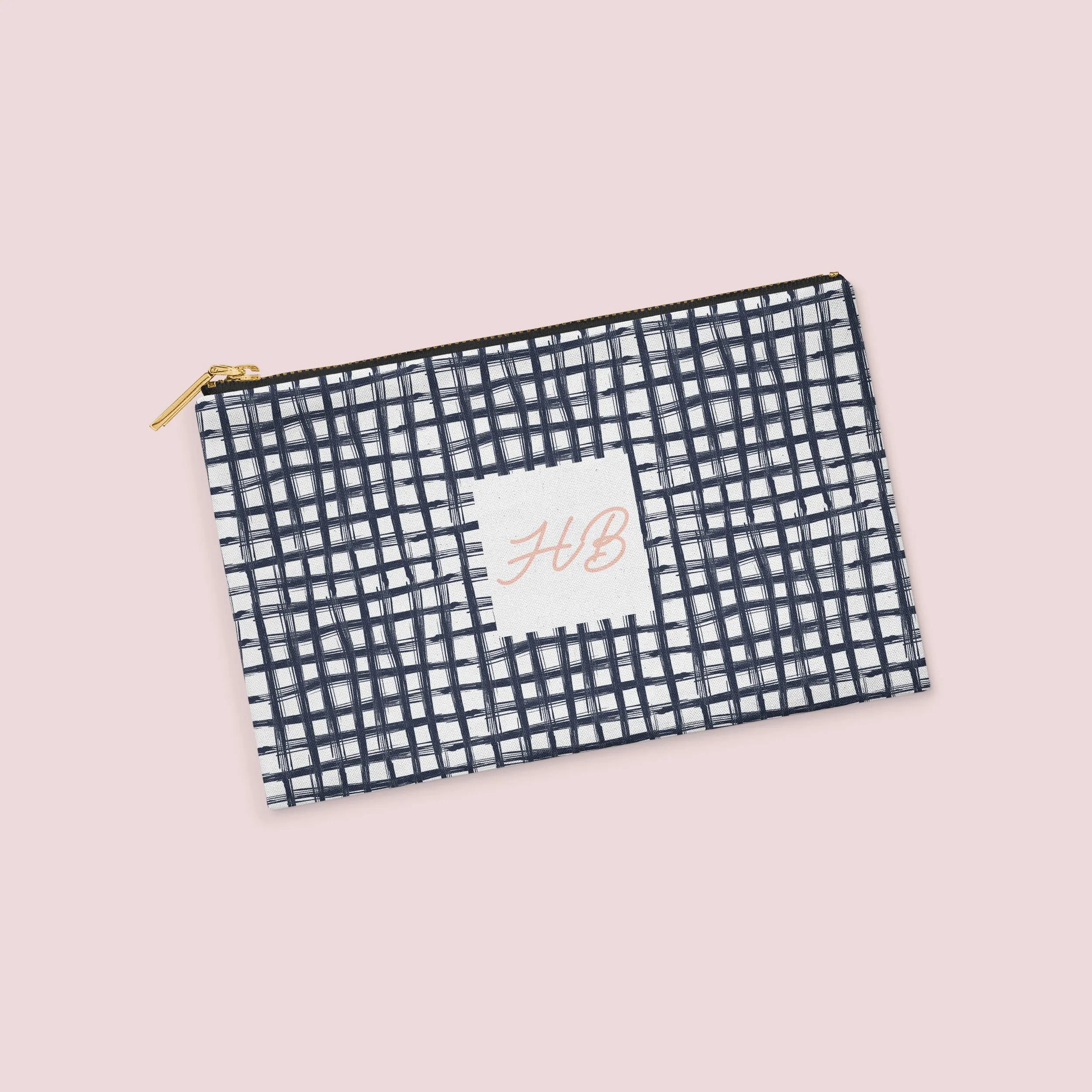 Navy Brushstroke Plaid Personalized Zipper Pouch