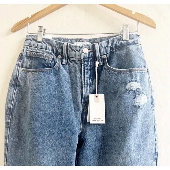 NEW Good American Women 90s Mom Jeans Size 6/28 Straight Leg Denim Ripped