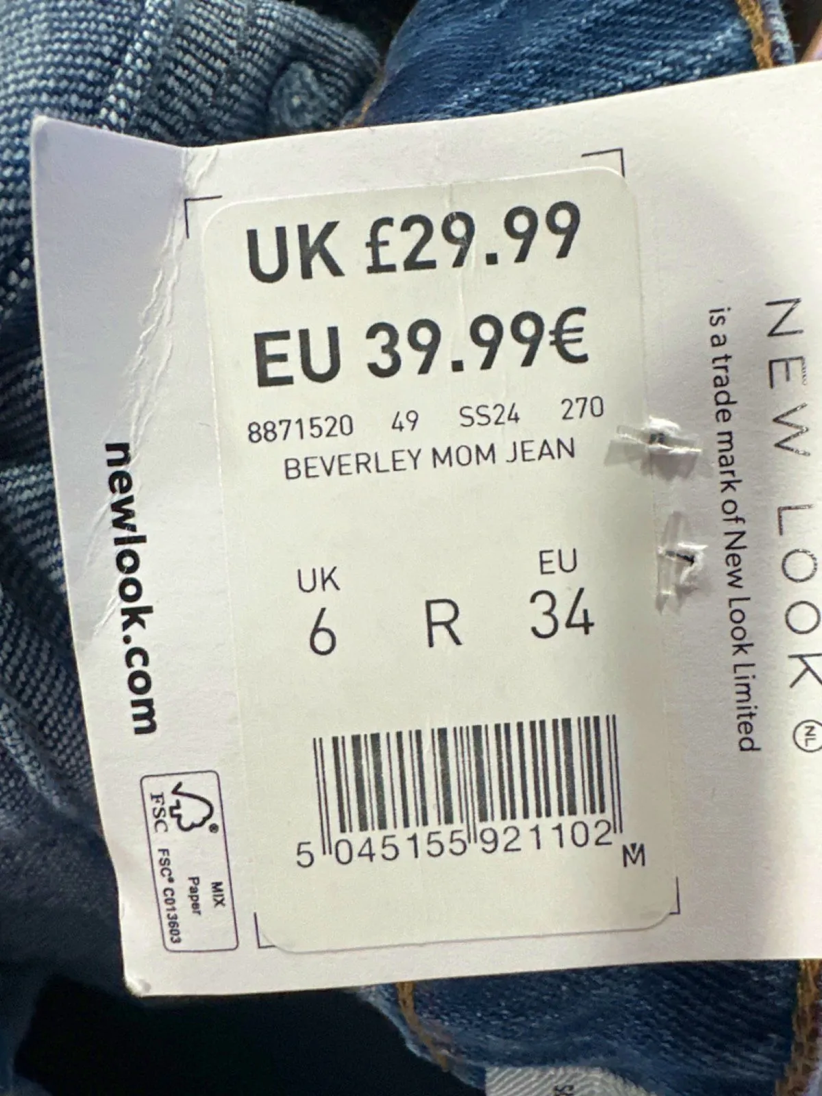 New Look Blue Beverley Mom Jean UK 6