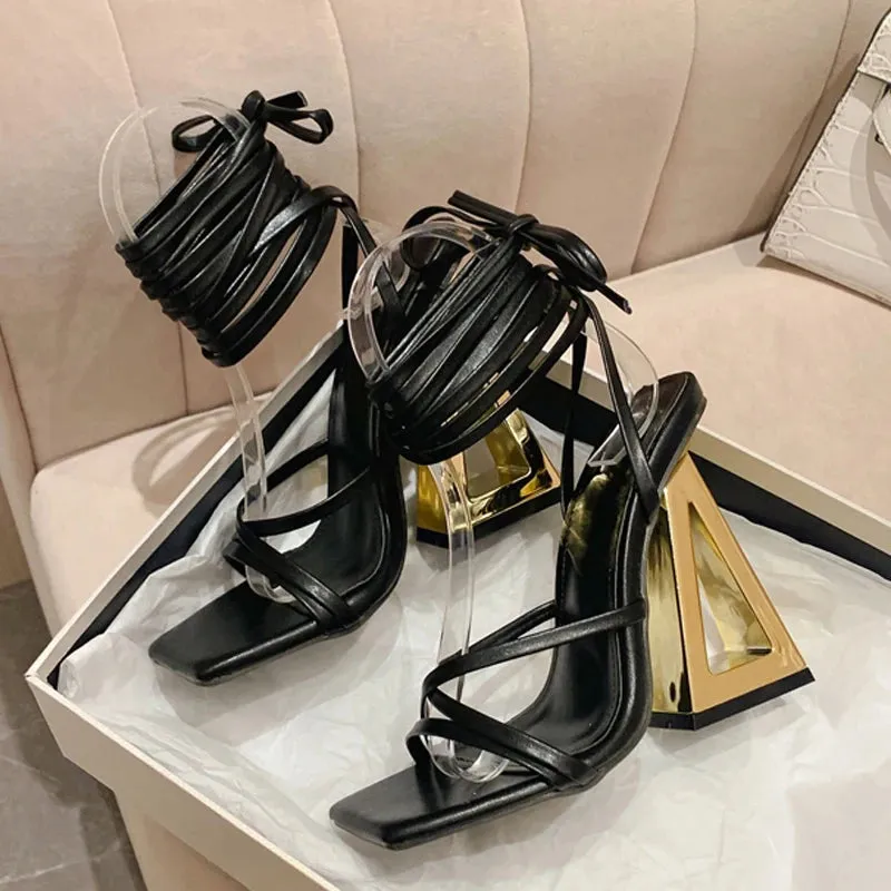 New Style Summer  Chic Triangle Thick Heels Gladiator Sandals Women