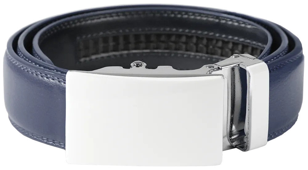 NO HOLE RACHET BELT WITH EMBROIDERED INITIALS OR PLAIN, SMOOTH BUCKLE
