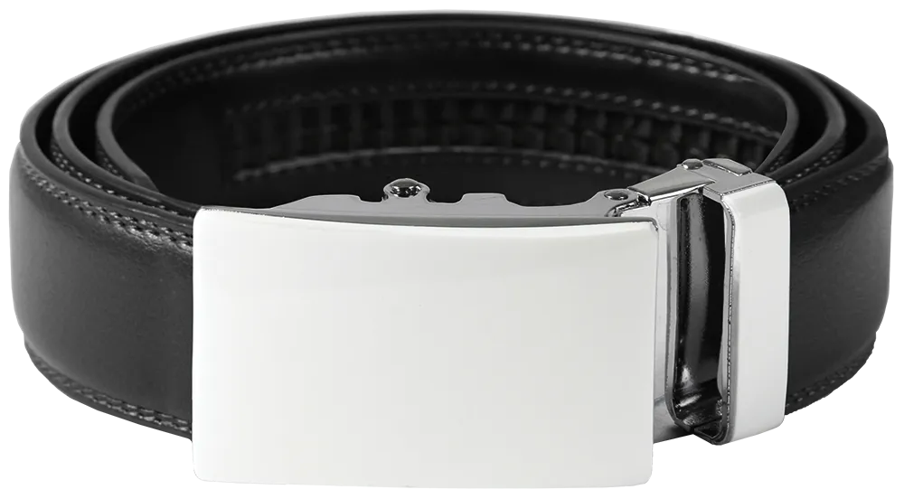 NO HOLE RACHET BELT WITH EMBROIDERED INITIALS OR PLAIN, SMOOTH BUCKLE