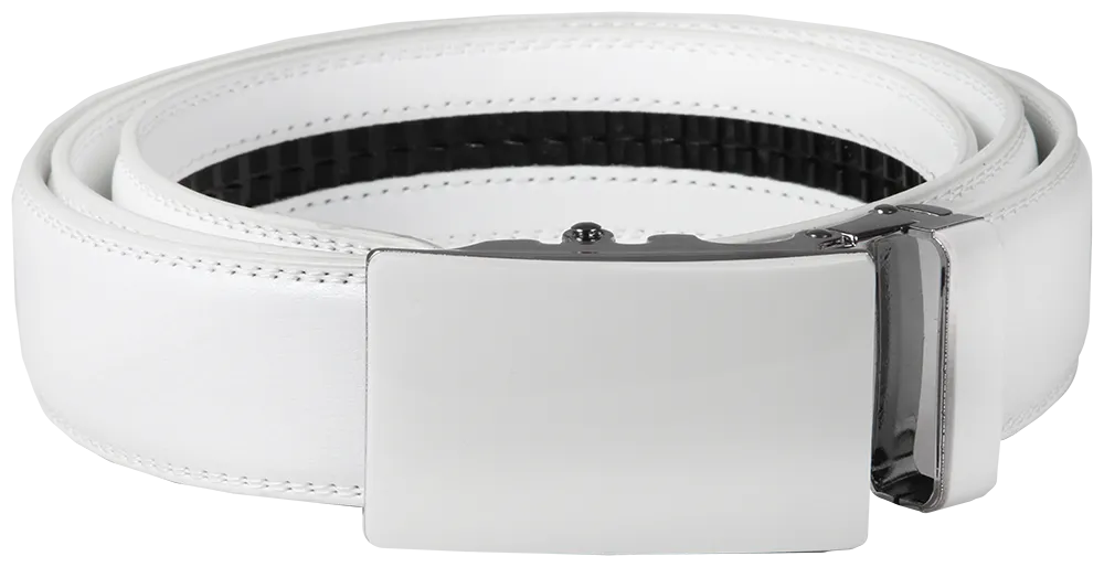 NO HOLE RACHET BELT WITH EMBROIDERED INITIALS OR PLAIN, SMOOTH BUCKLE
