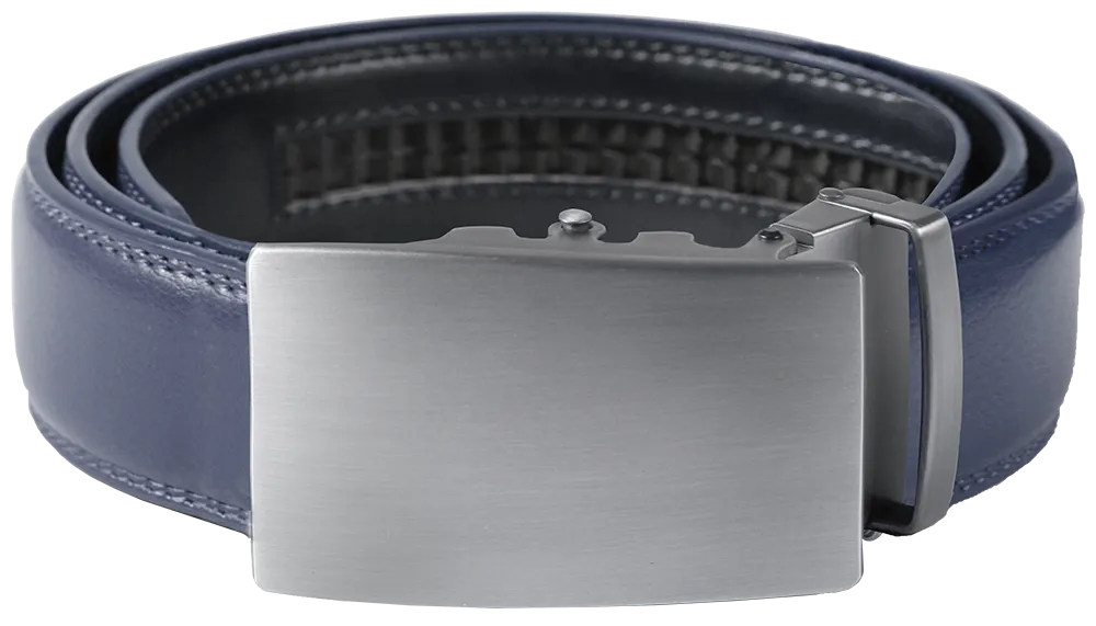 NO HOLE RACHET BELT WITH EMBROIDERED INITIALS OR PLAIN, SMOOTH BUCKLE