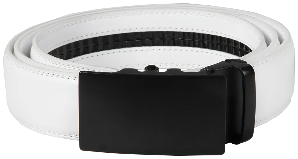 NO HOLE RACHET BELT WITH EMBROIDERED INITIALS OR PLAIN, SMOOTH BUCKLE