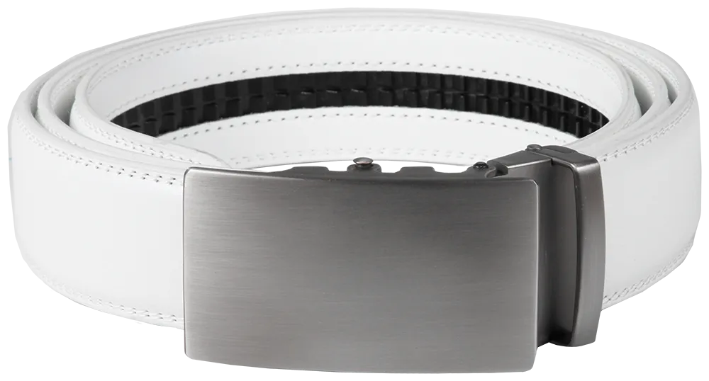 NO HOLE RACHET BELT WITH EMBROIDERED INITIALS OR PLAIN, SMOOTH BUCKLE
