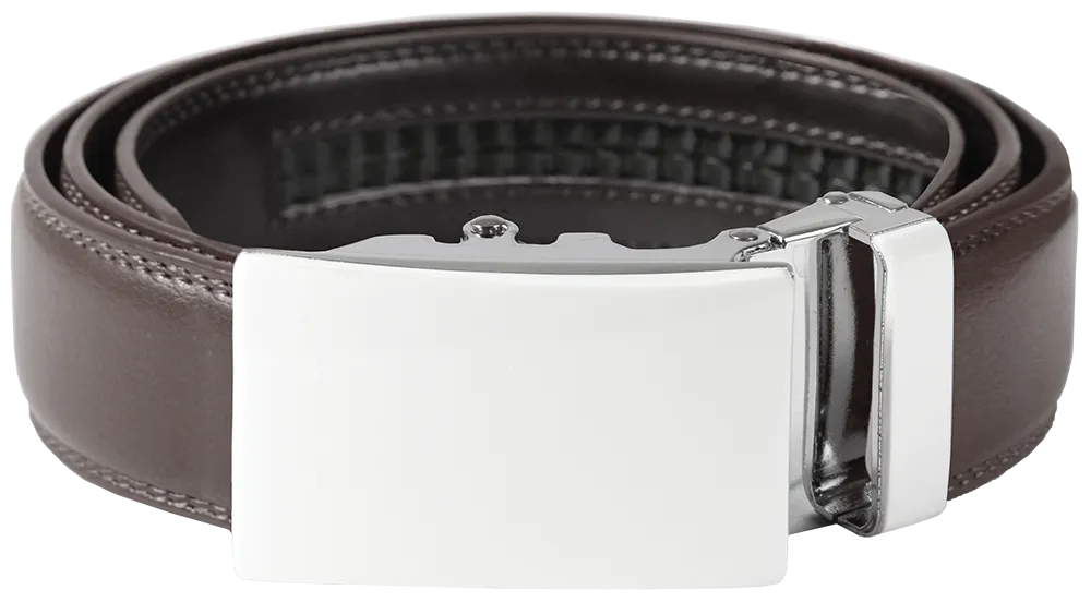 NO HOLE RACHET BELT WITH EMBROIDERED INITIALS OR PLAIN, SMOOTH BUCKLE