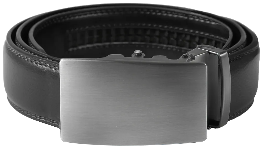 NO HOLE RACHET BELT WITH EMBROIDERED INITIALS OR PLAIN, SMOOTH BUCKLE