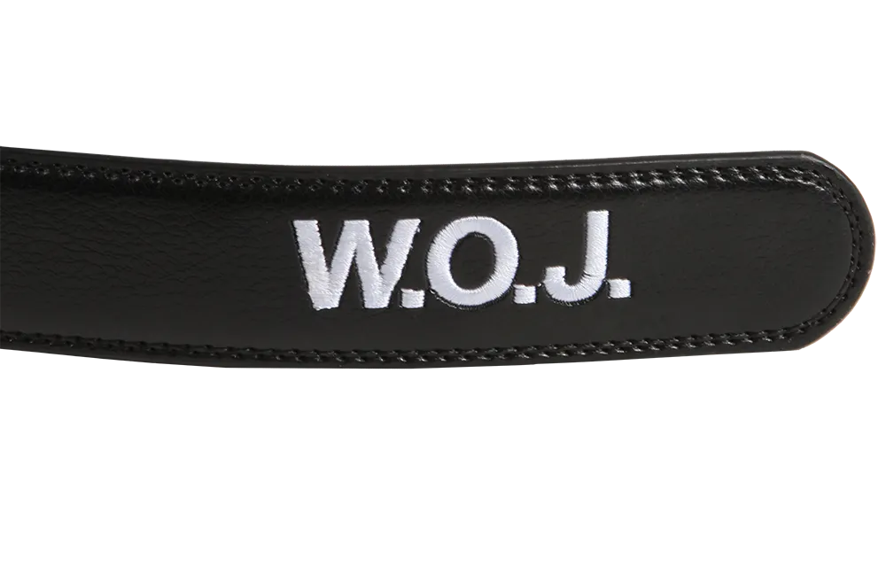 NO HOLE RACHET BELT WITH EMBROIDERED INITIALS OR PLAIN, SMOOTH BUCKLE