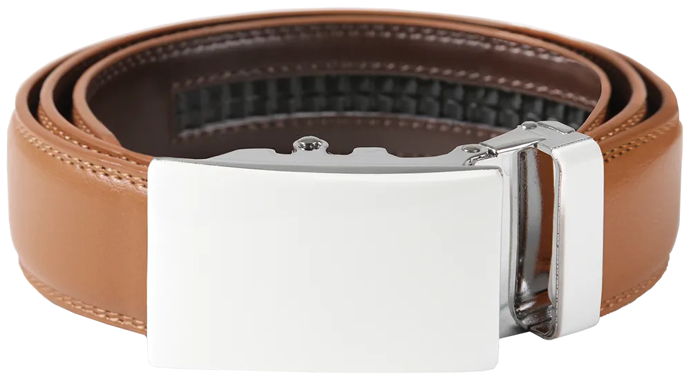 NO HOLE RACHET BELT WITH EMBROIDERED INITIALS OR PLAIN, SMOOTH BUCKLE