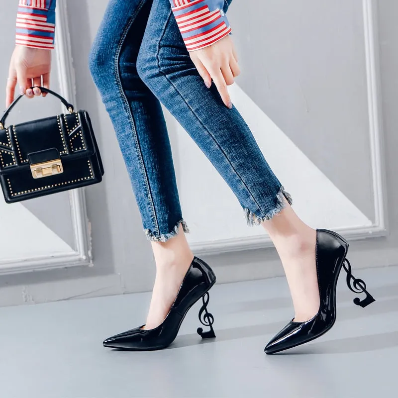 Novelty Strange Style Heels Pumps Women Genuine Leather Sexy Symbol In Heels Pointed Toe Shallow Super Heels Women Shoes Party