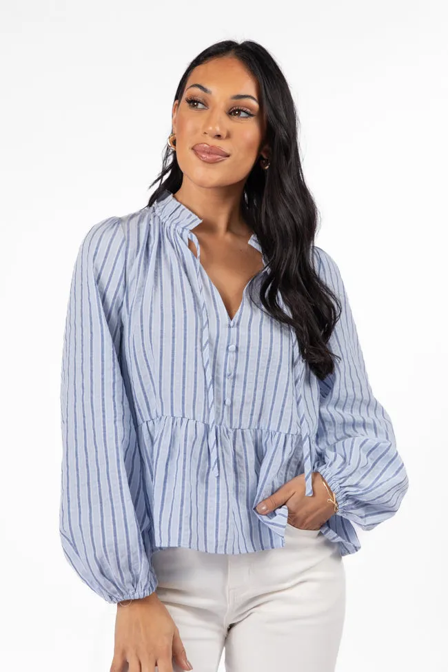 Oh My Darling Blue Stripe Notched Neckline Button Detail Peplum Blouse FINAL SALE
