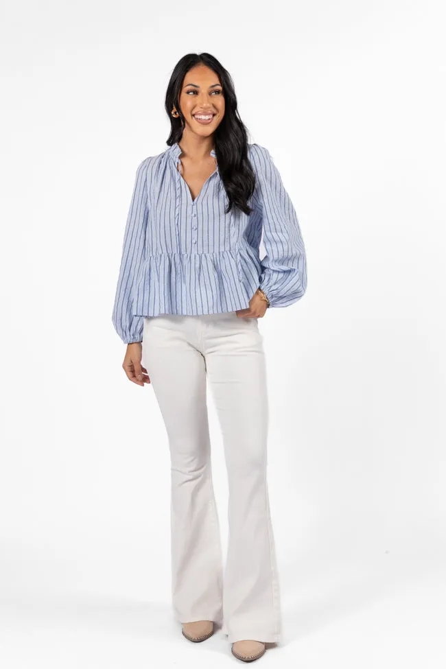 Oh My Darling Blue Stripe Notched Neckline Button Detail Peplum Blouse FINAL SALE