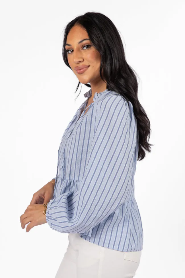 Oh My Darling Blue Stripe Notched Neckline Button Detail Peplum Blouse FINAL SALE