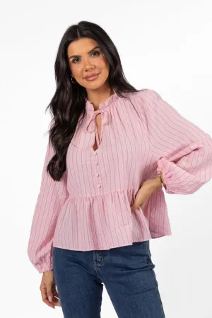 Oh My Darling Pink Stripe Notched Neckline Button Detail Peplum Blouse FINAL SALE