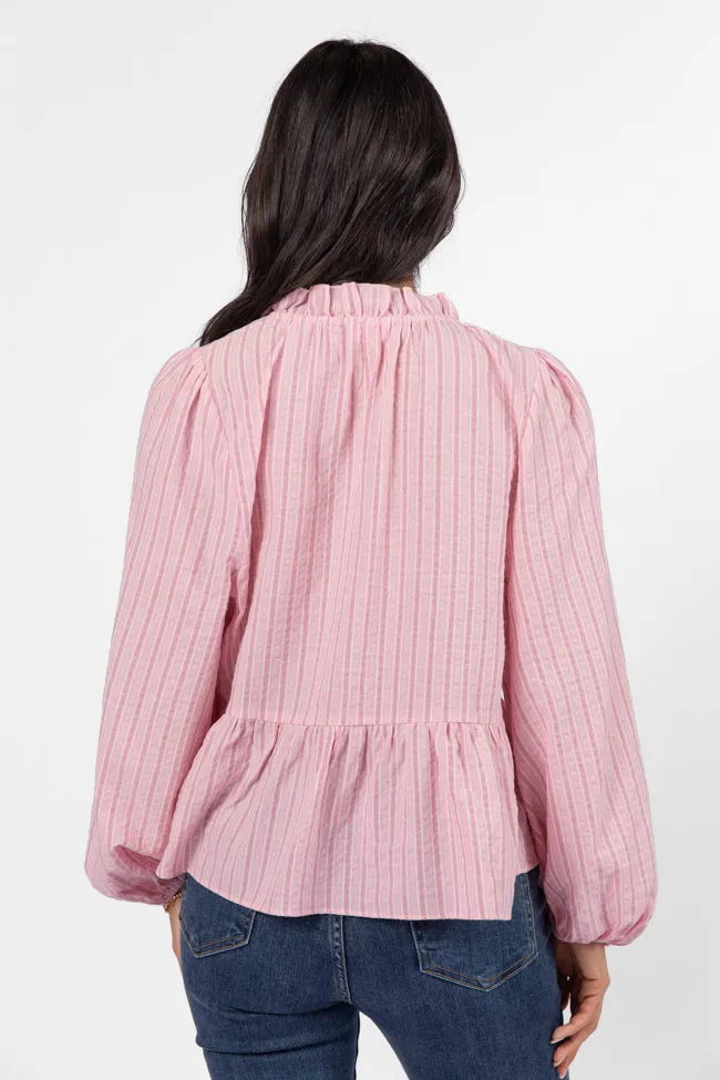 Oh My Darling Pink Stripe Notched Neckline Button Detail Peplum Blouse FINAL SALE