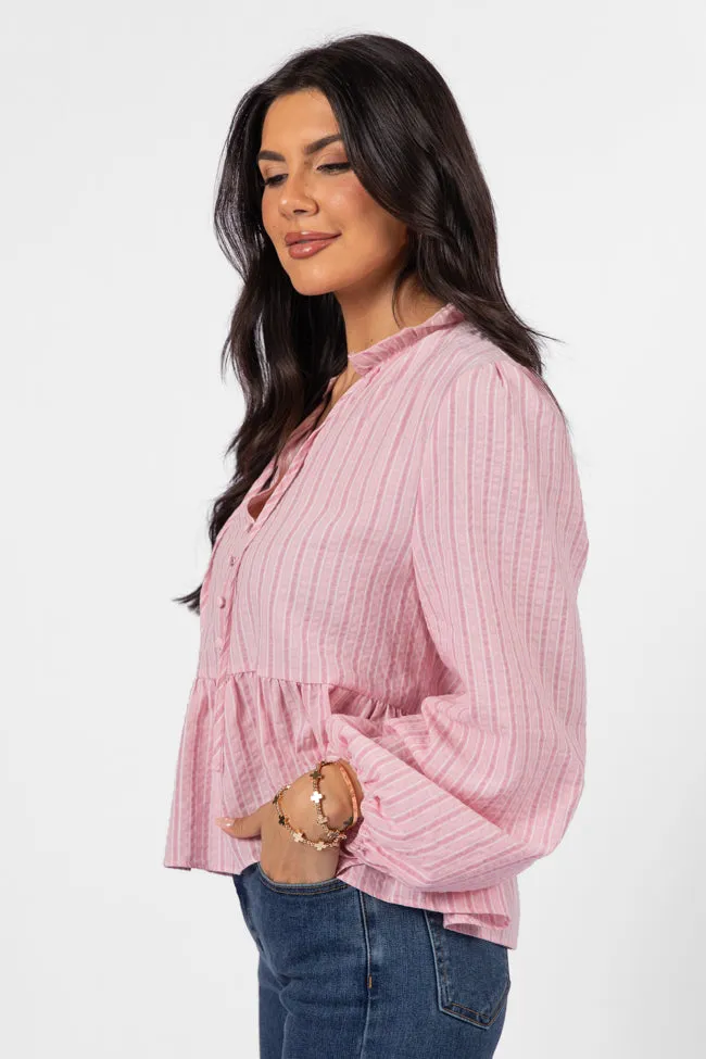 Oh My Darling Pink Stripe Notched Neckline Button Detail Peplum Blouse FINAL SALE