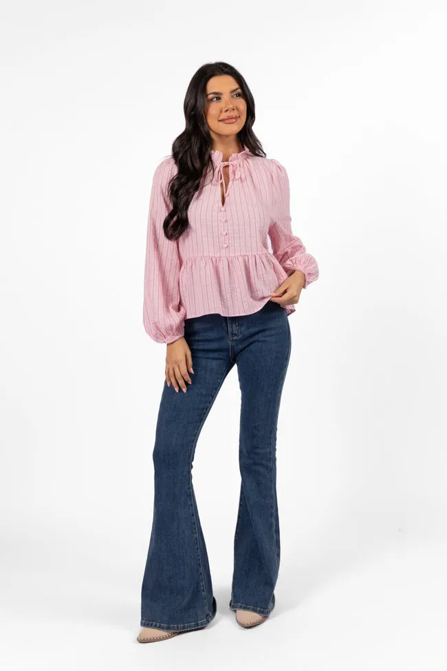 Oh My Darling Pink Stripe Notched Neckline Button Detail Peplum Blouse FINAL SALE