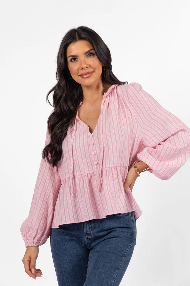 Oh My Darling Pink Stripe Notched Neckline Button Detail Peplum Blouse FINAL SALE