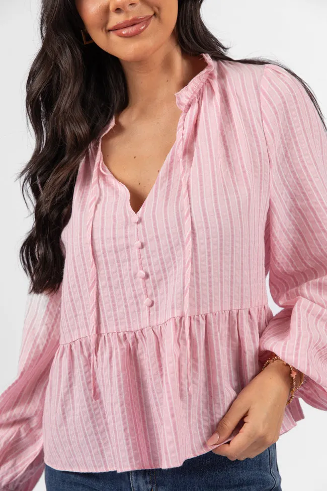 Oh My Darling Pink Stripe Notched Neckline Button Detail Peplum Blouse FINAL SALE