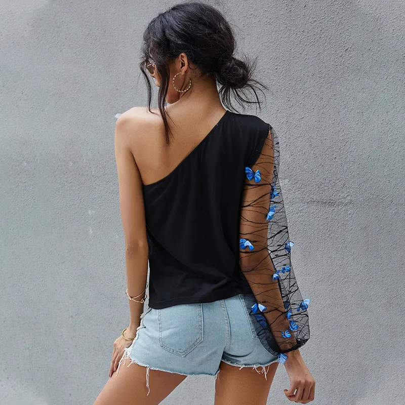 One Shoulder Backless Lace Sleeve Butterfly Blouse Tops