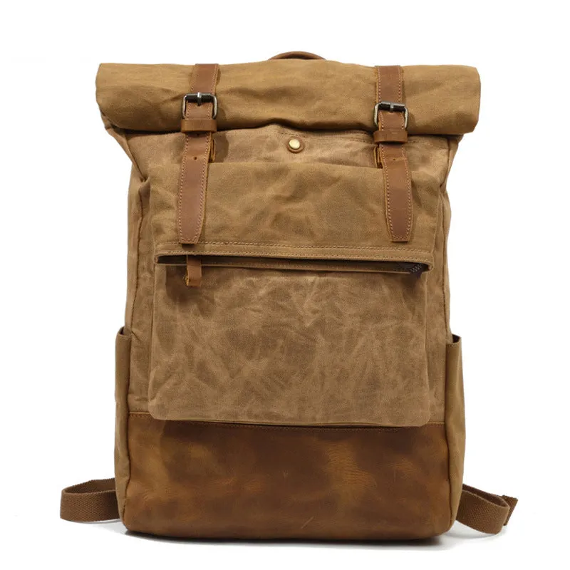 Outing Canvas Leather Rucksack, Casual Backpack, Vintage Waterproof Travel Shoulder Bag 8835