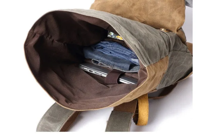Outing Canvas Leather Rucksack, Casual Backpack, Vintage Waterproof Travel Shoulder Bag 8835