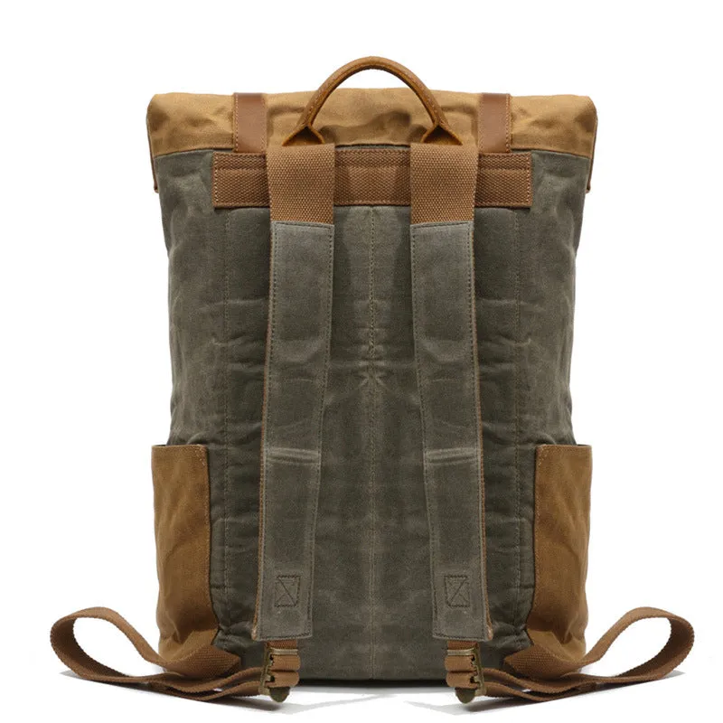 Outing Canvas Leather Rucksack, Casual Backpack, Vintage Waterproof Travel Shoulder Bag 8835