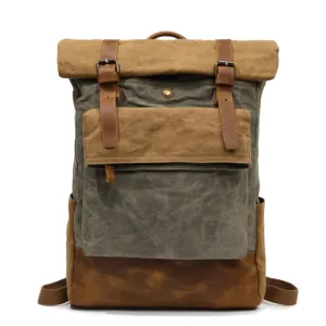 Outing Canvas Leather Rucksack, Casual Backpack, Vintage Waterproof Travel Shoulder Bag 8835