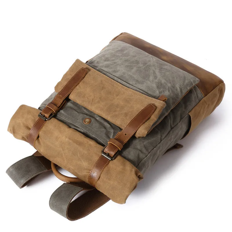 Outing Canvas Leather Rucksack, Casual Backpack, Vintage Waterproof Travel Shoulder Bag 8835