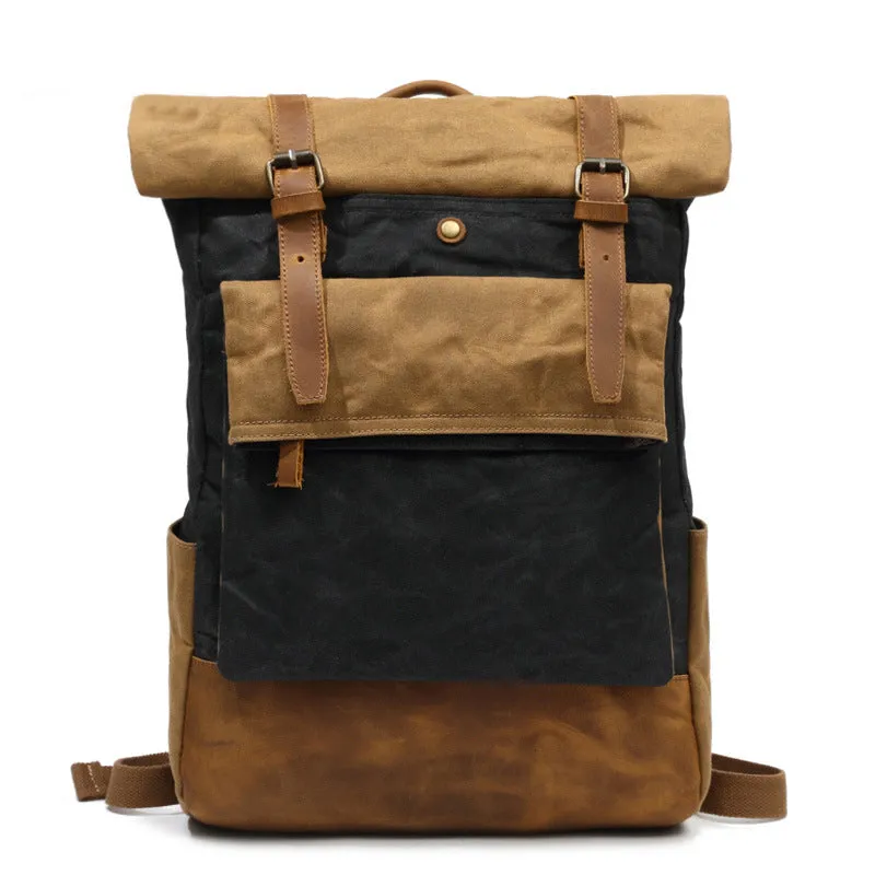 Outing Canvas Leather Rucksack, Casual Backpack, Vintage Waterproof Travel Shoulder Bag 8835