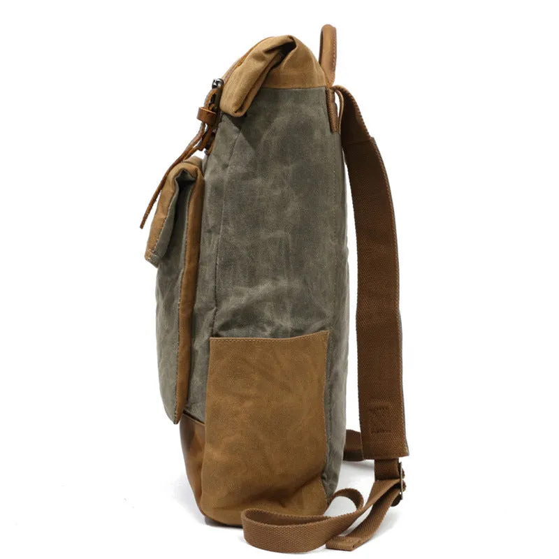 Outing Canvas Leather Rucksack, Casual Backpack, Vintage Waterproof Travel Shoulder Bag 8835