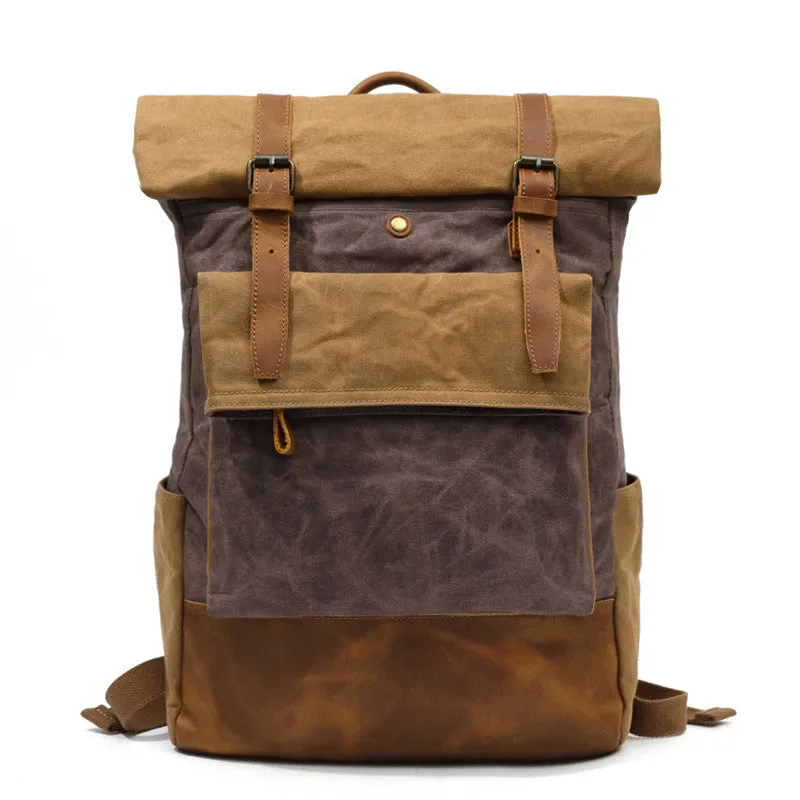 Outing Canvas Leather Rucksack, Casual Backpack, Vintage Waterproof Travel Shoulder Bag 8835